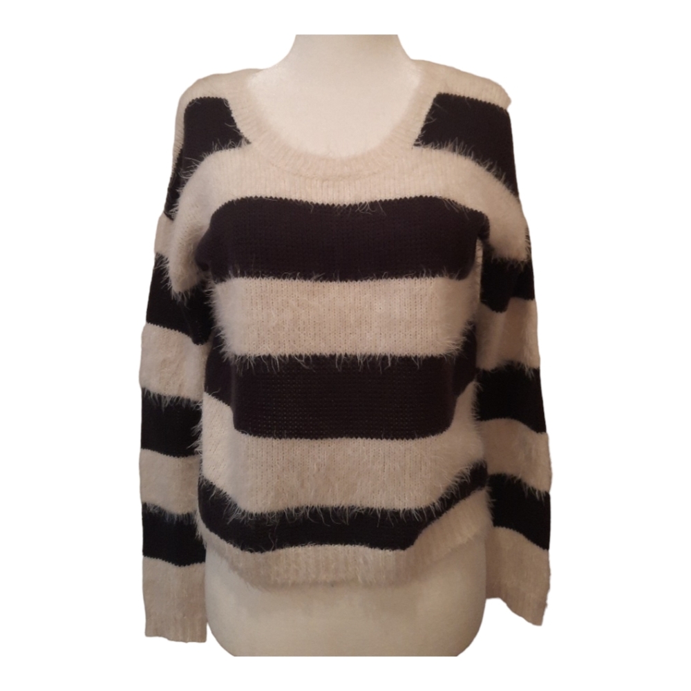 Billabong Womens Sweater Fuzzy White & Navy Stripes